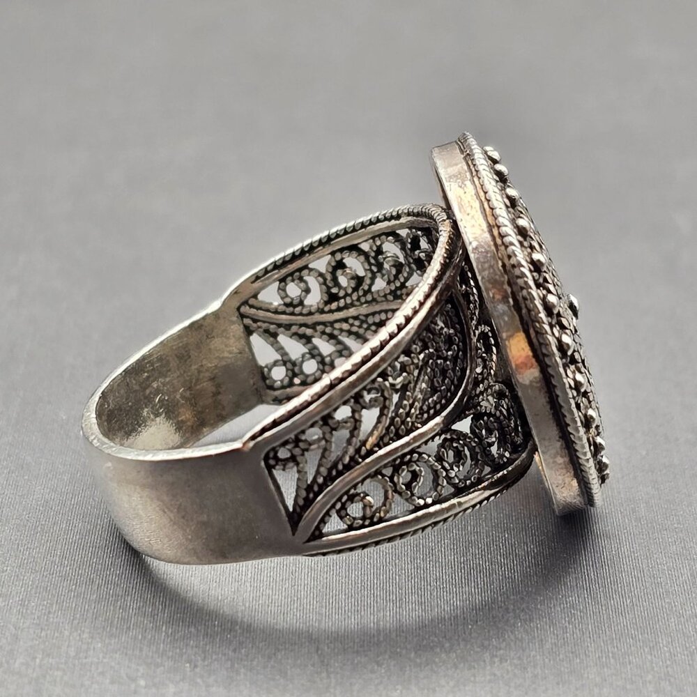 DGS Sterling Silver Ornate Filigree Signet Ring Size 10 Round Front 8.17g Turkey - Picture 5 of 10